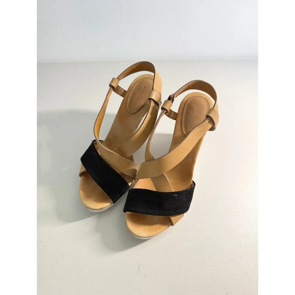 See by Chloe Leather Suede Colorblock Wedge Sandals Tan Black White 40 10